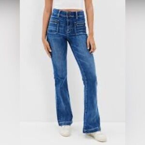AMERICAN EAGLE Sz 18 Super High Rise Flare Patchwork Pockets Blue Jeans